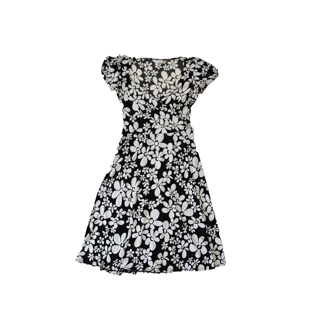 London Times Black White Floral Cap Sleeve Fit Flare Midi Dress Women's Size 10